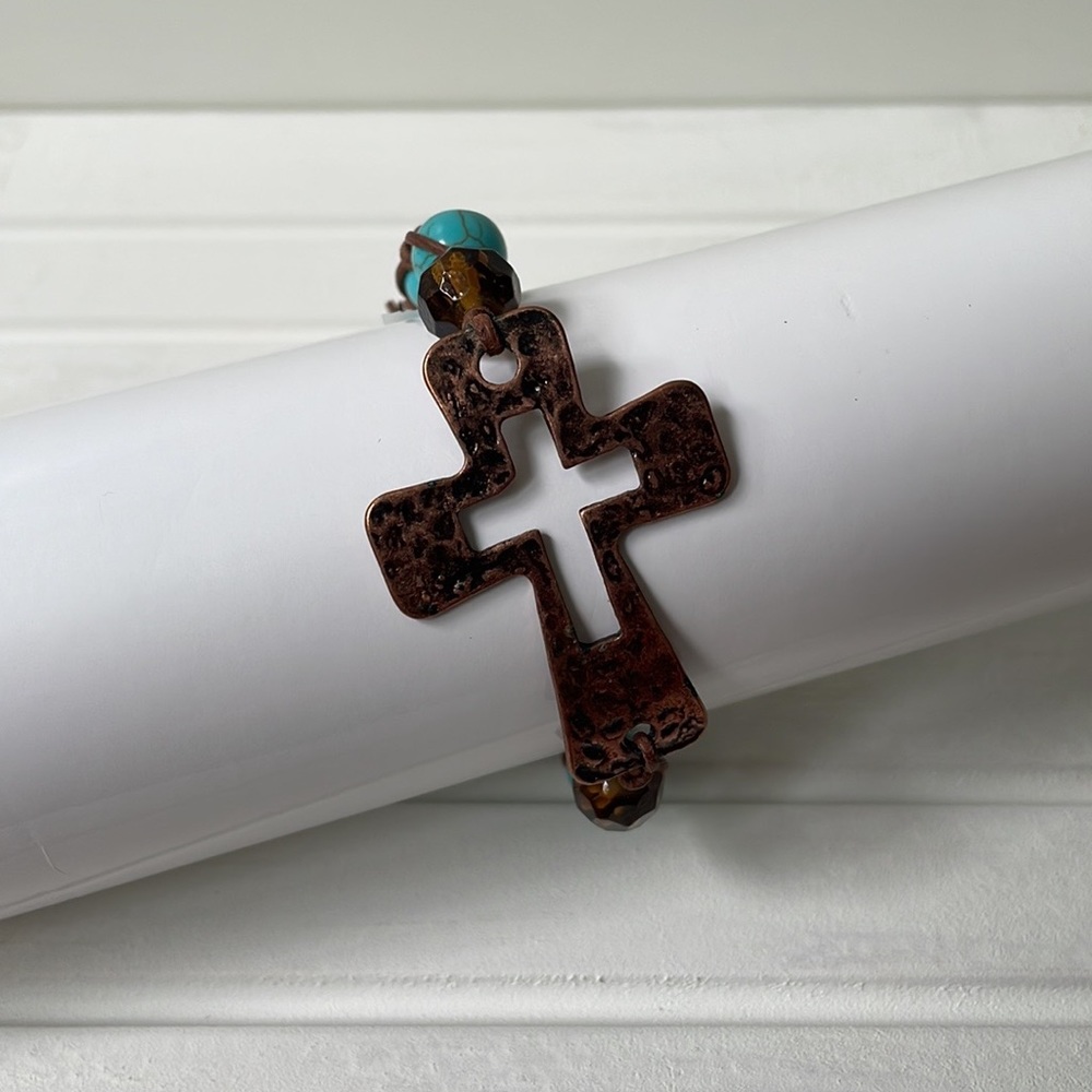Copper cross bracelet turquoise leather beaded hammered metal boho Gypsy style - Picture 3 of 9